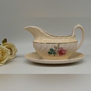 Elegant Cream Floral Gravy Boat with Saucer